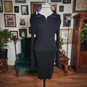 Black Ribbed Zip Neck Bodycon Dress Long Sleeve Stretchy Minimal